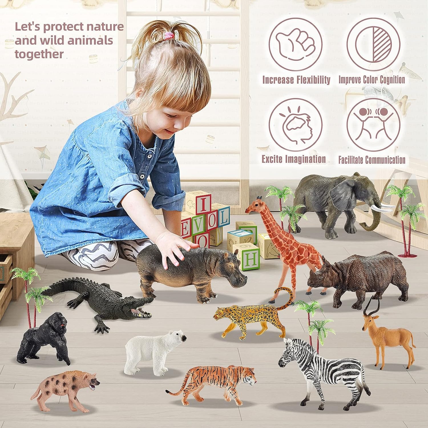 31 Piece Safari Animal Playset with Trees and Carry Box: image 4