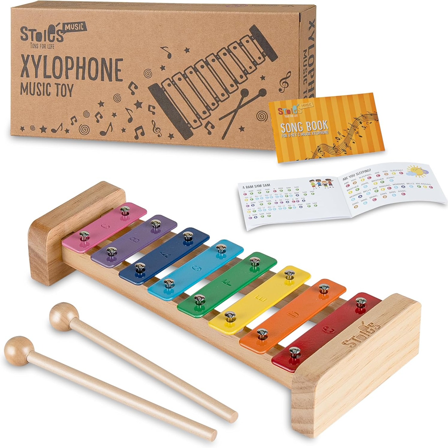 Rainbow 8-Note Wooden Xylophone Set with Mallets and Songbook