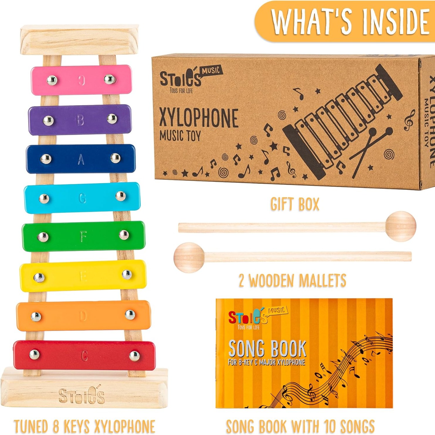 Rainbow 8-Note Wooden Xylophone Set with Mallets and Songbook: image 2