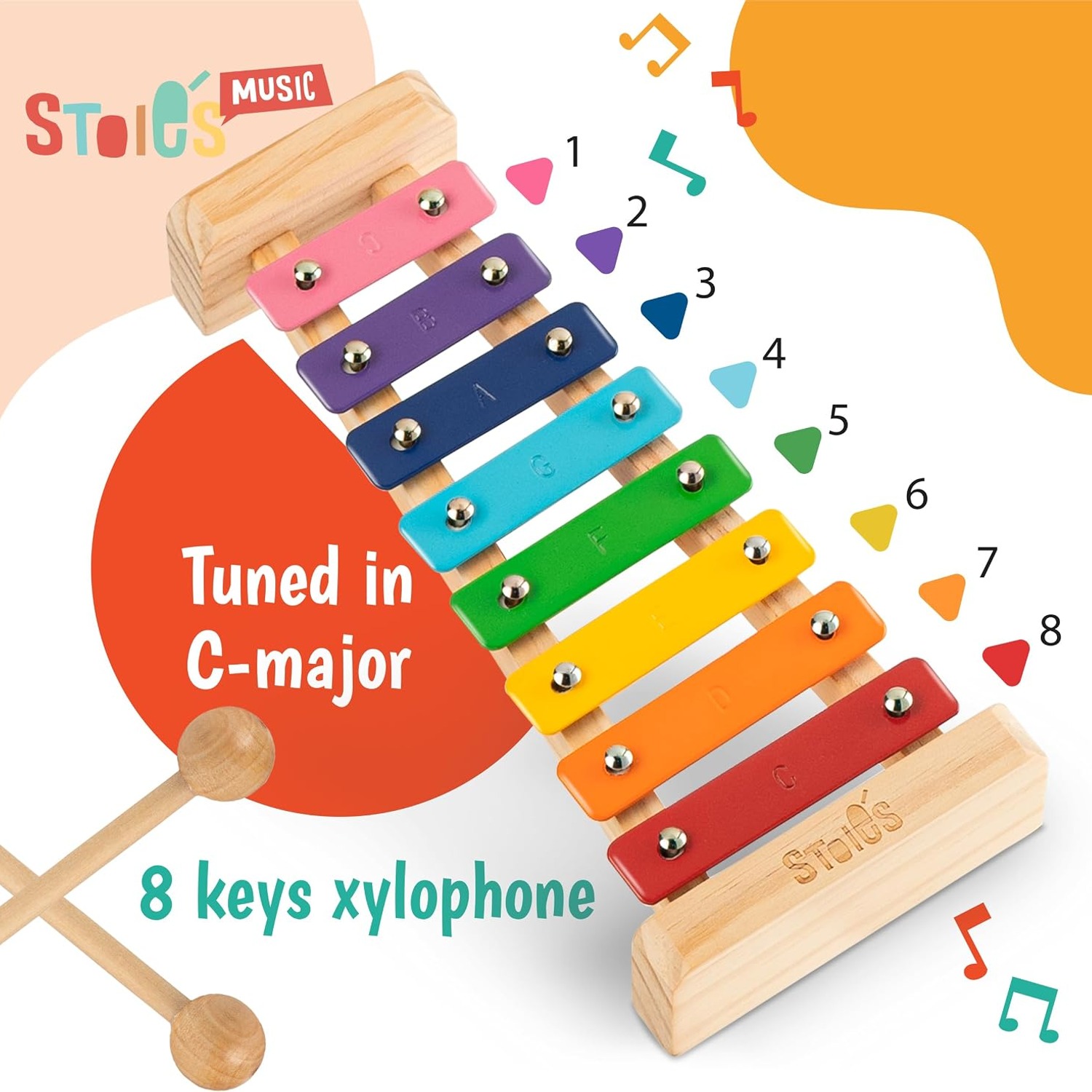 Rainbow 8-Note Wooden Xylophone Set with Mallets and Songbook: image 3
