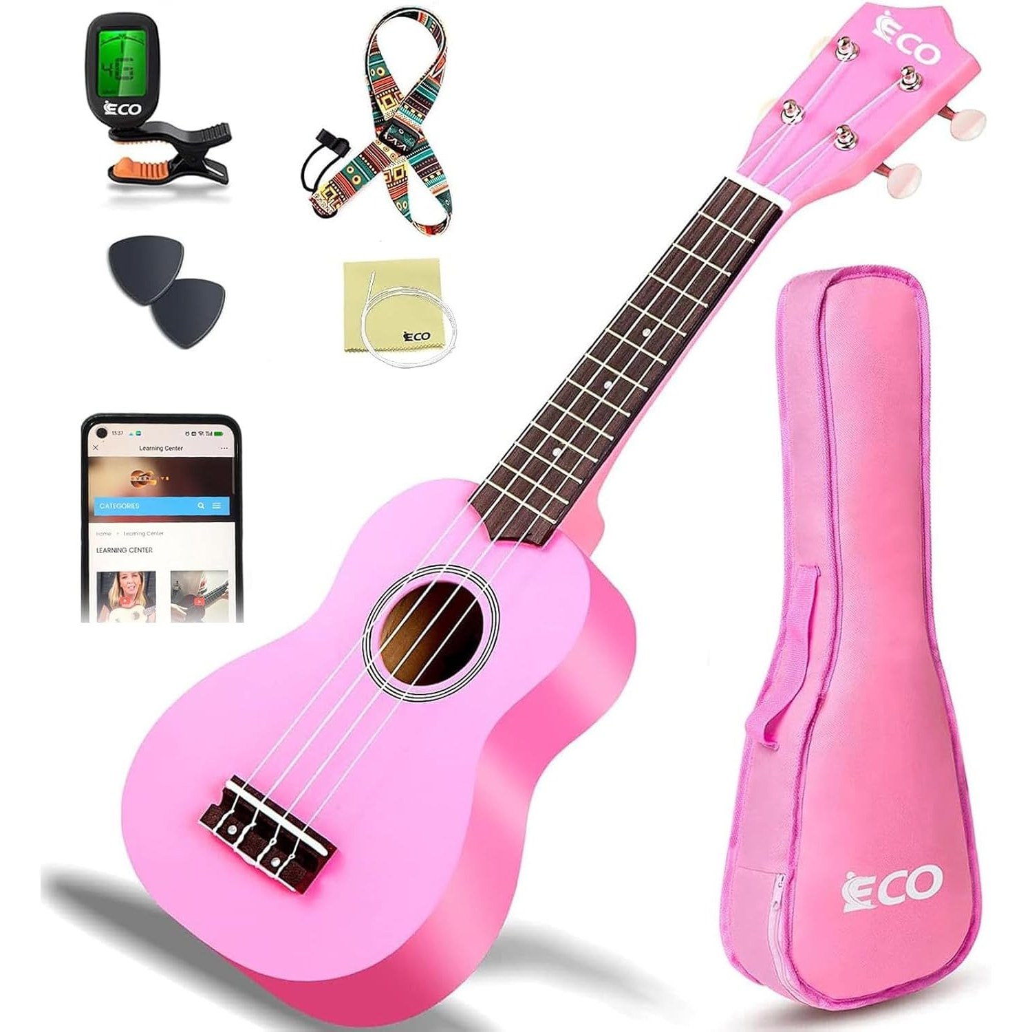 Soprano Ukulele Beginner Kit with Case, Tuner, Strap and Picks