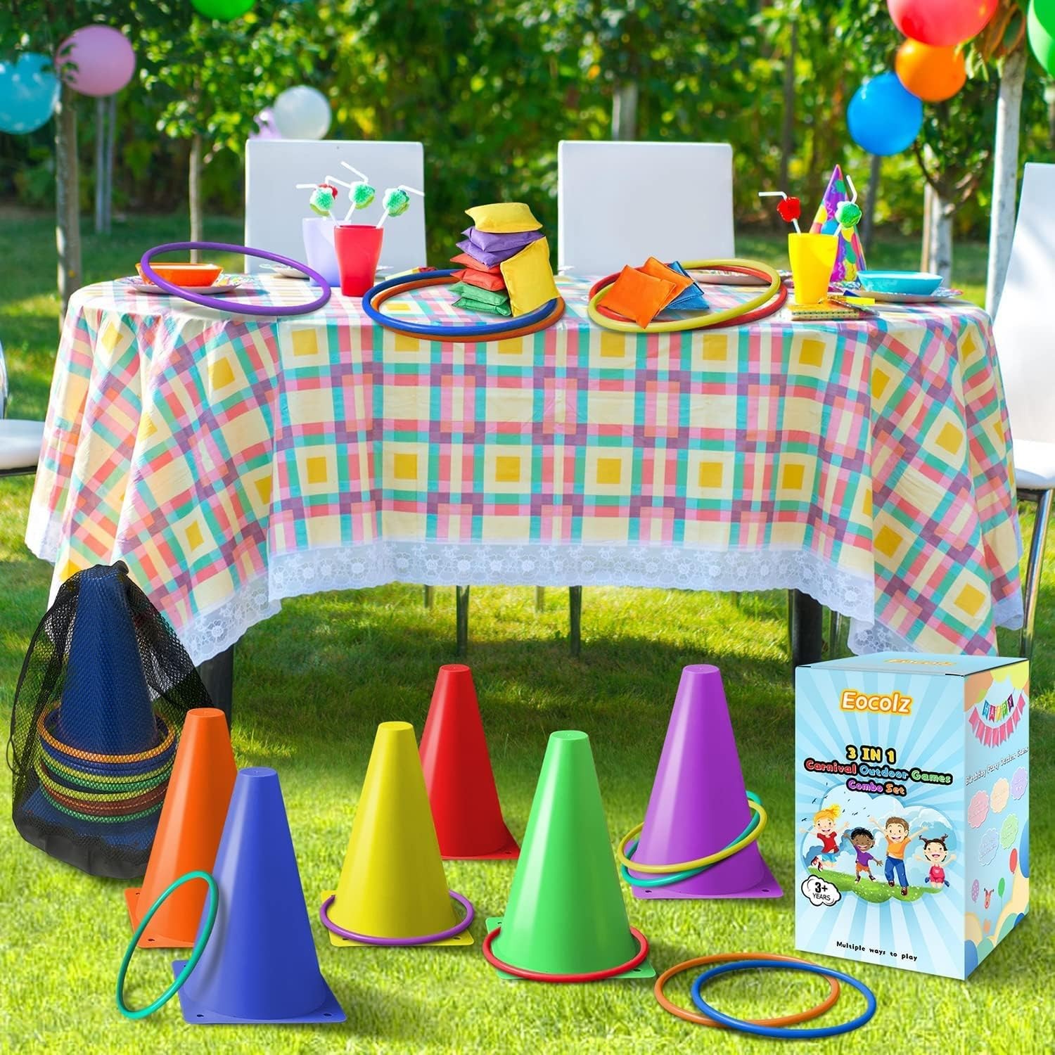 3 in 1 Carnival Games Set with Cones, Rings and Bean Bags