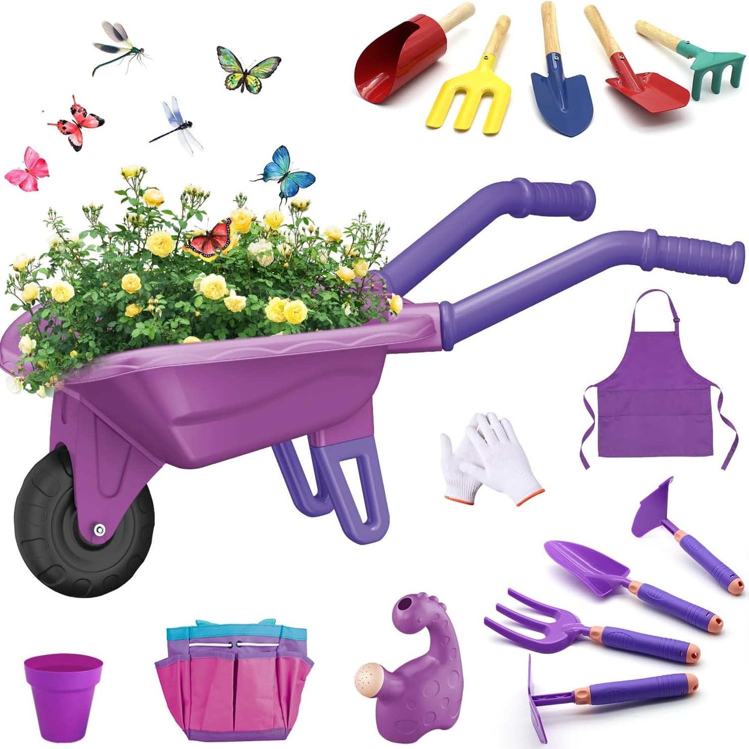 Kids Gardening Set with Wheelbarrow, 15 Piece Outdoor Garden Tool Play Set