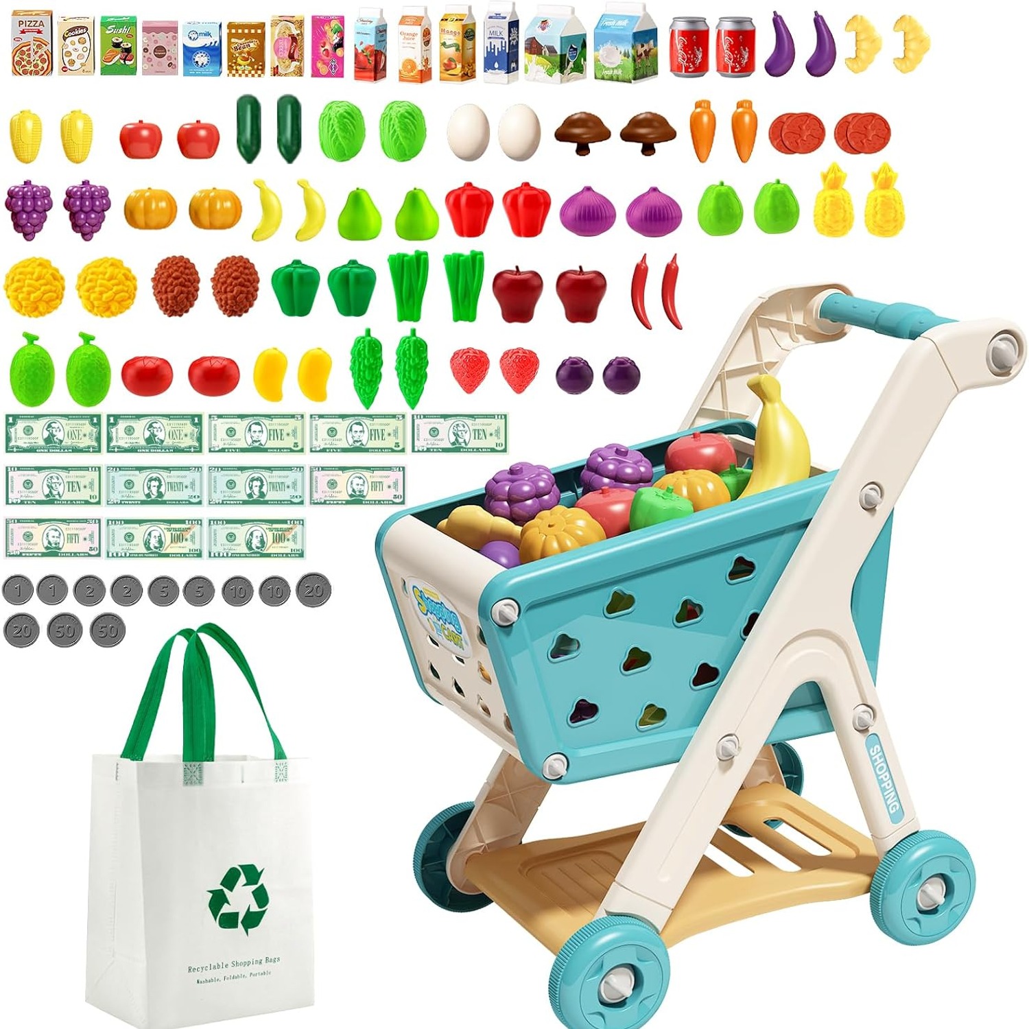 Kids Shopping Cart Play Set with Pretend Food