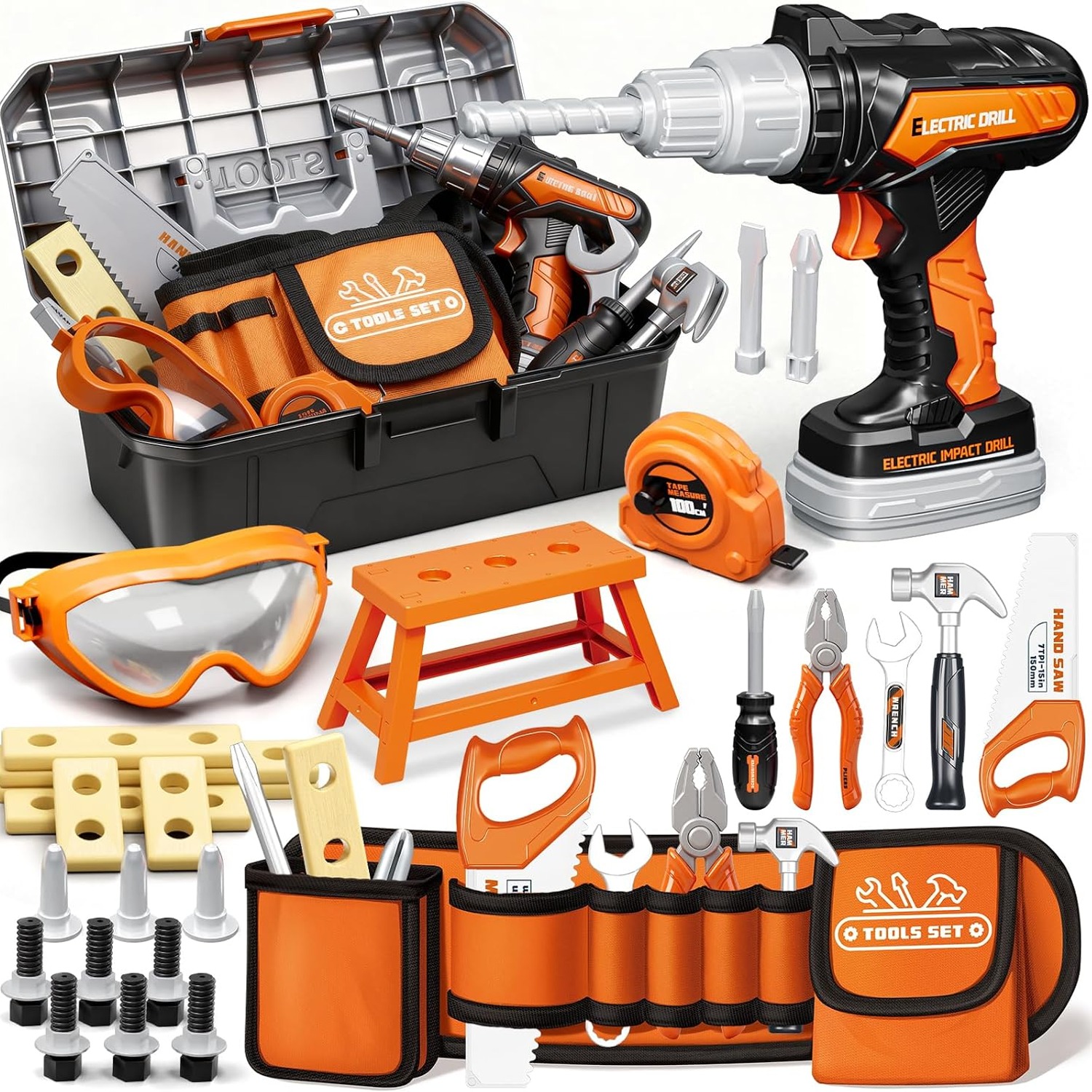 50-Piece Kids Tool Belt Set with Toy Drill and Tool Box