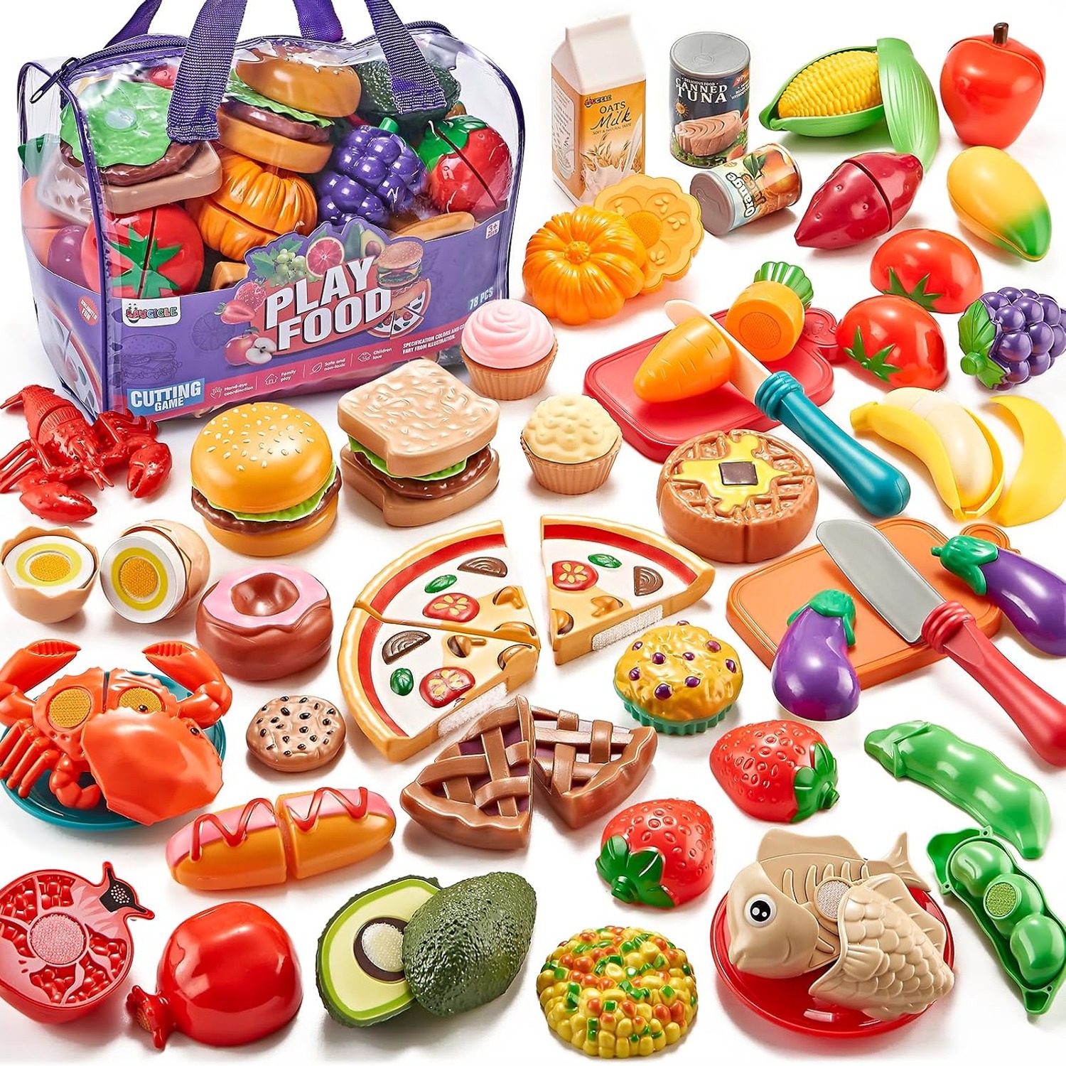 78 Piece Play Food Set with Cutting Fruit, Veggies and Storage Bag