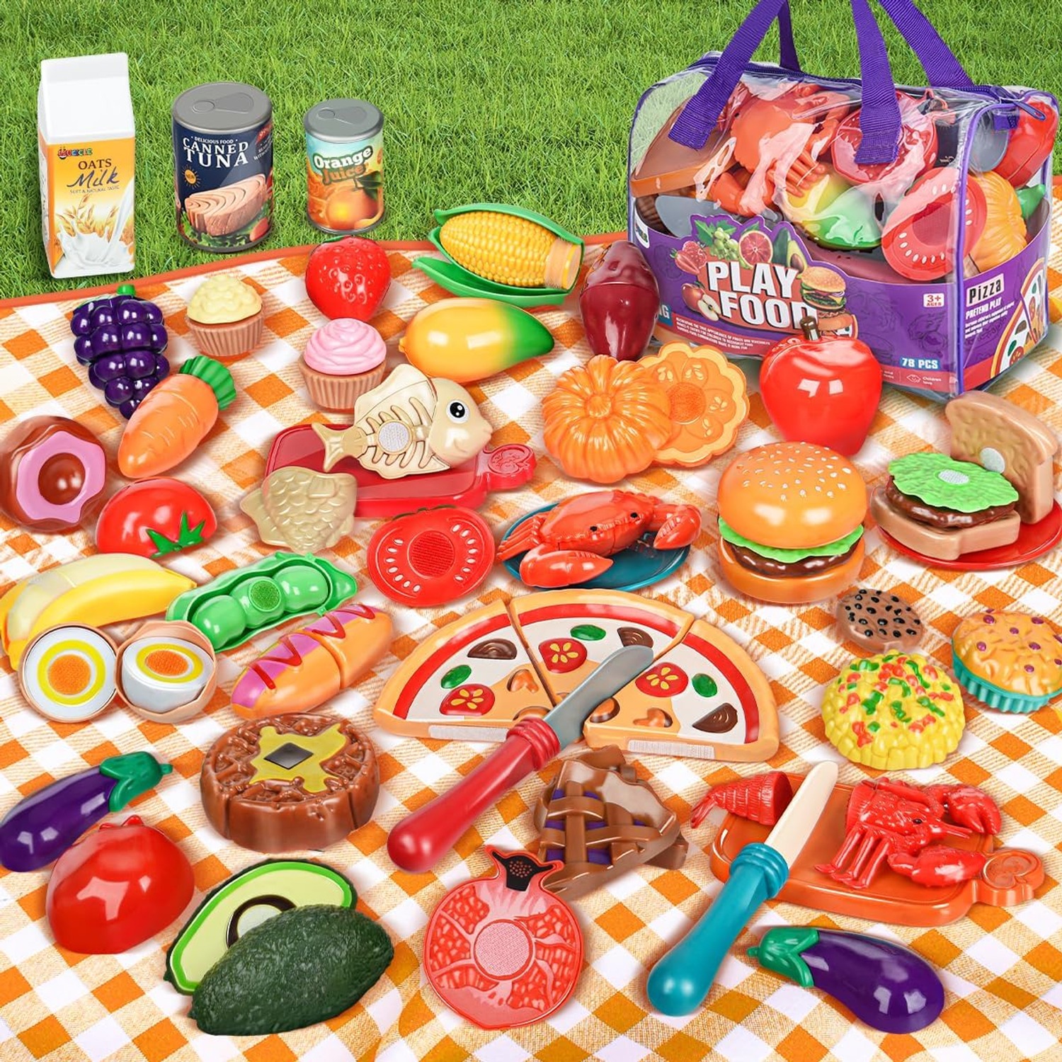 78 Piece Play Food Set with Cutting Fruit, Veggies and Storage Bag