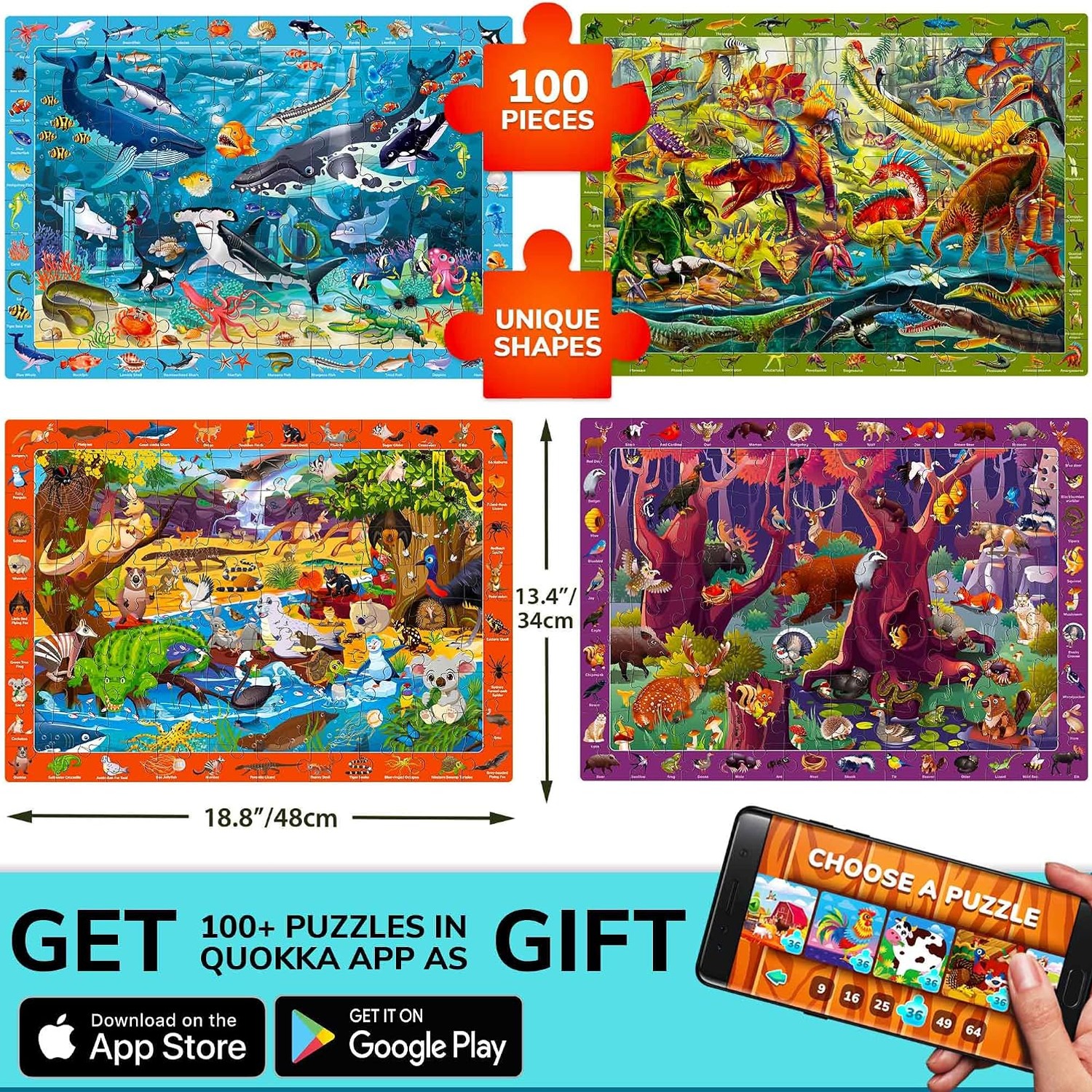 100 Piece Puzzles 4 Pack with Animal and Dinosaur Search-and-Find Scenes