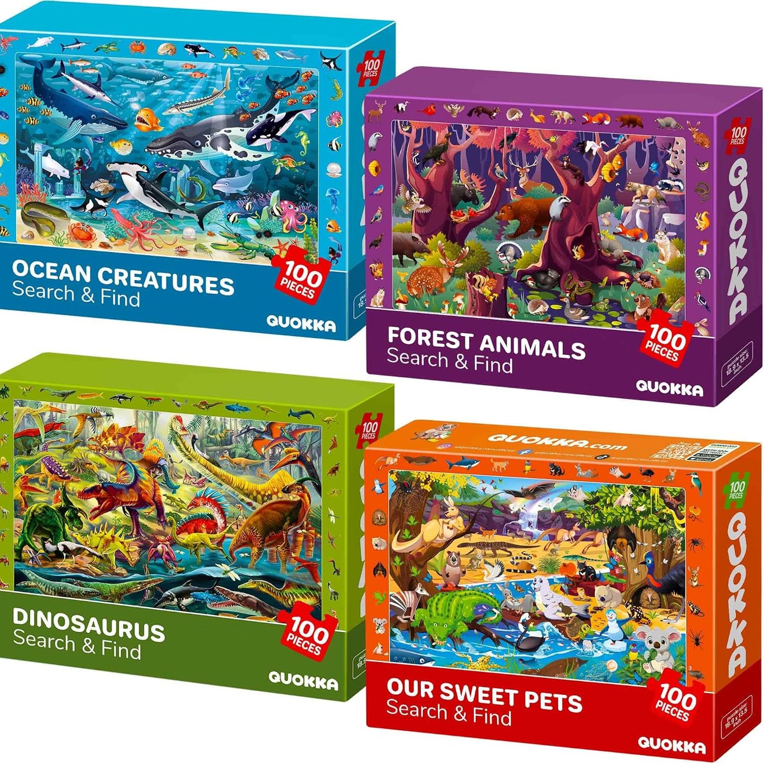 100 Piece Puzzles 4 Pack with Animal and Dinosaur Search-and-Find Scenes