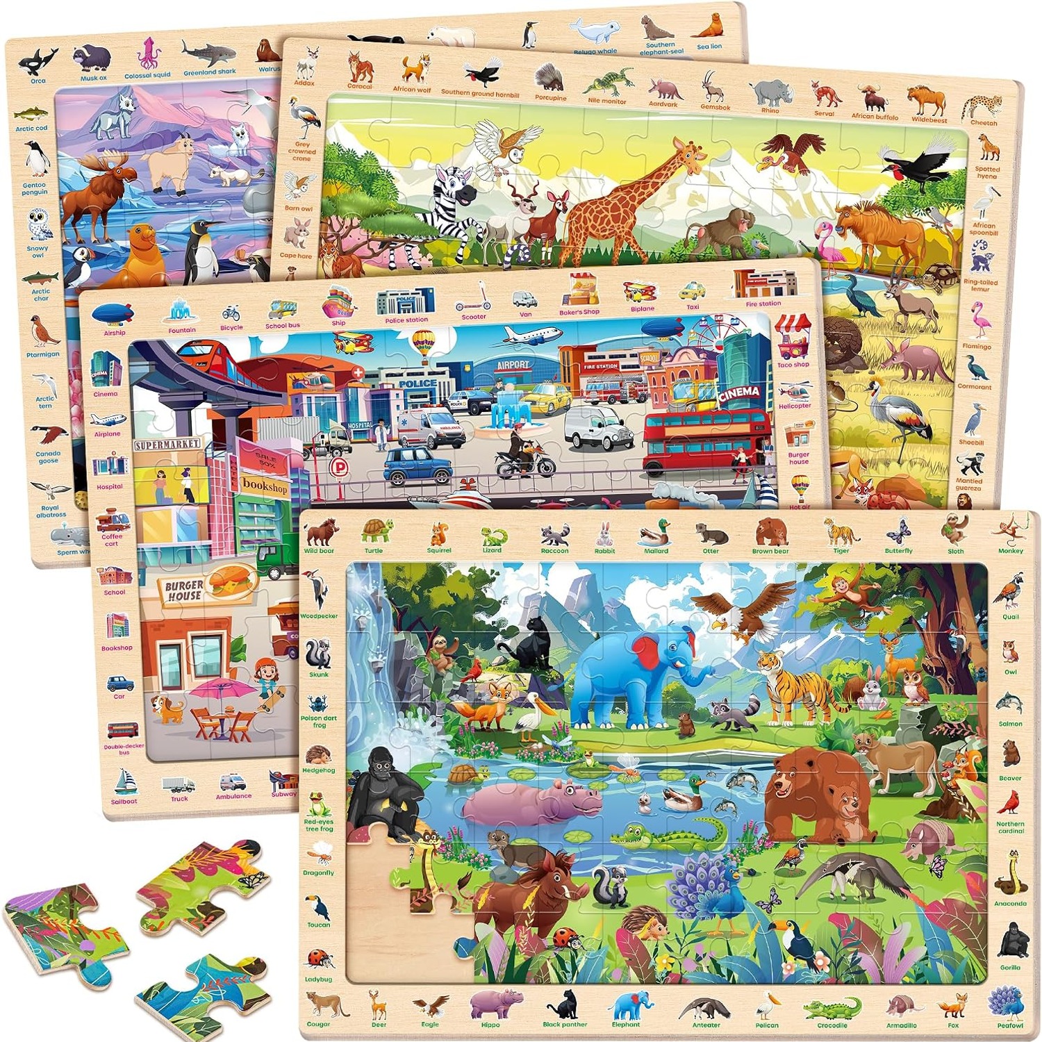Wooden Animal Puzzles 4 Pack (60 Pieces Each)