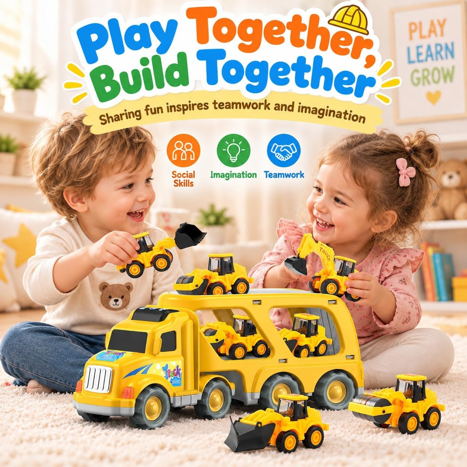Construction Truck Carrier Set with 6 Mini Vehicles