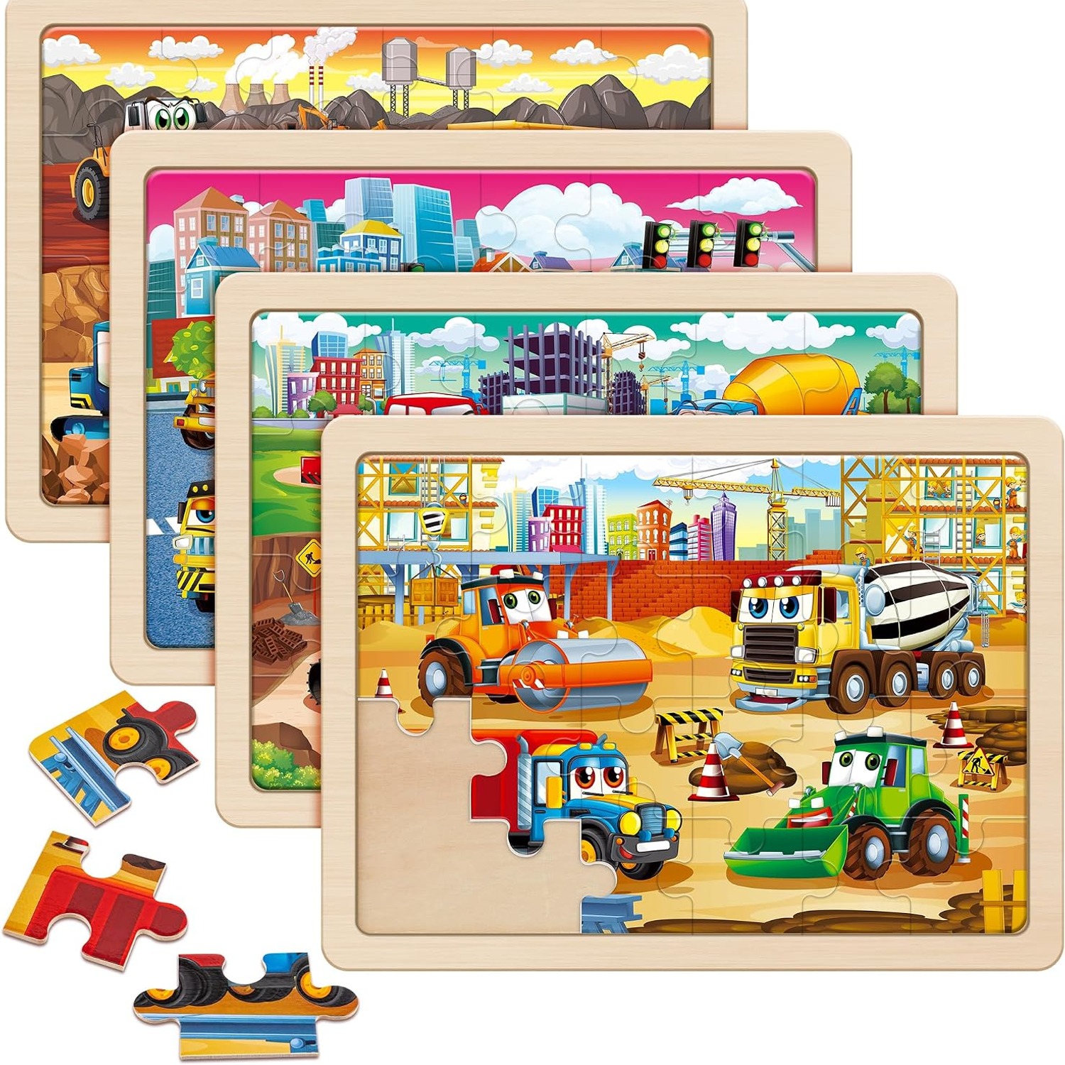 Wooden Construction Vehicle Puzzles, 4 Pack Set of 24-Piece Jigsaws
