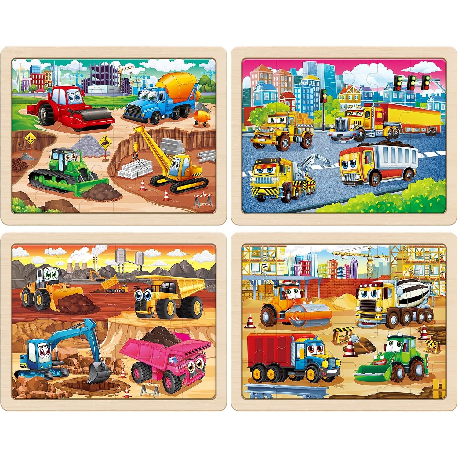 Wooden Construction Vehicle Puzzles, 4 Pack Set of 24-Piece Jigsaws