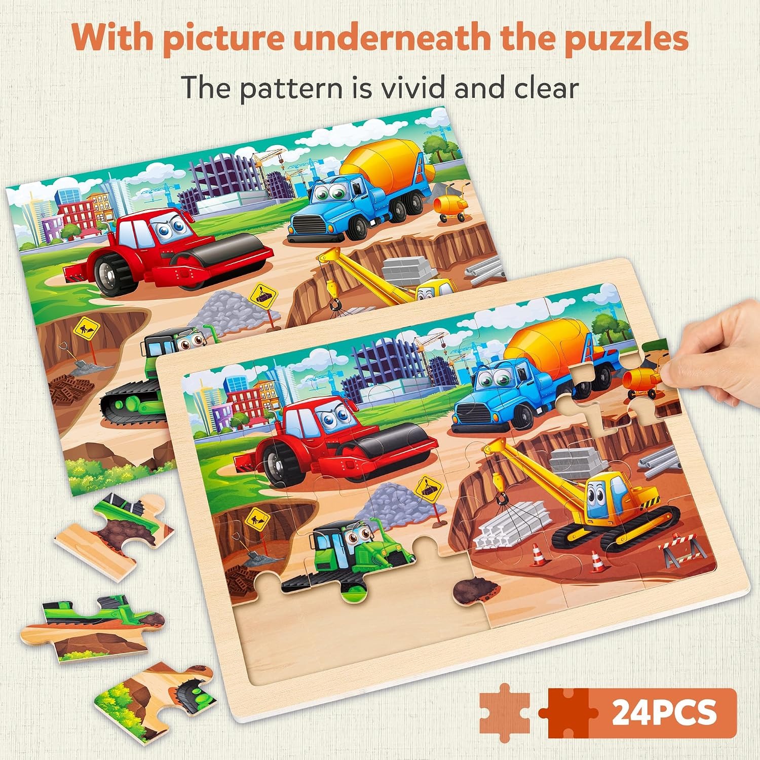 Wooden Construction Vehicle Puzzles, 4 Pack Set of 24-Piece Jigsaws
