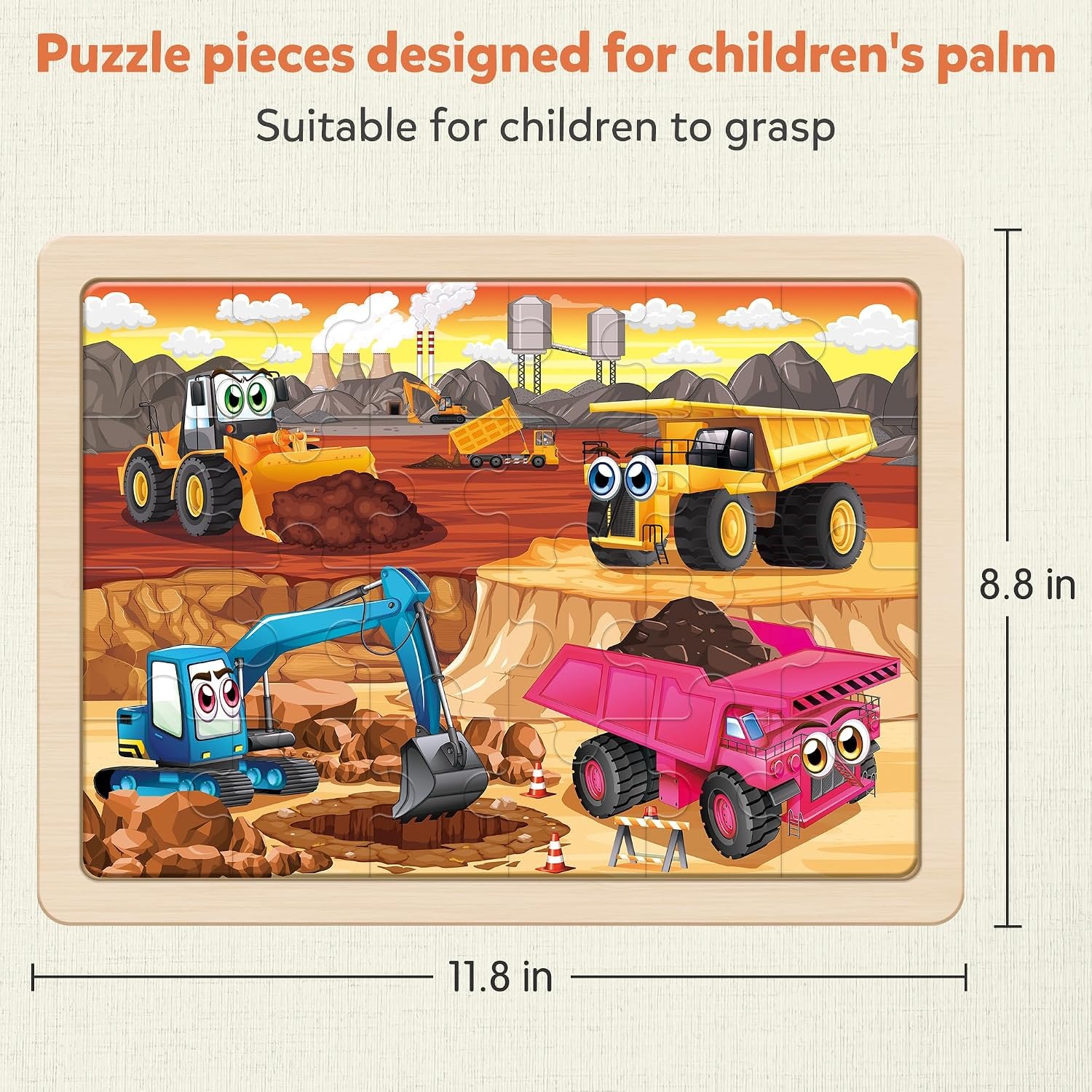 Wooden Construction Vehicle Puzzles, 4 Pack Set of 24-Piece Jigsaws
