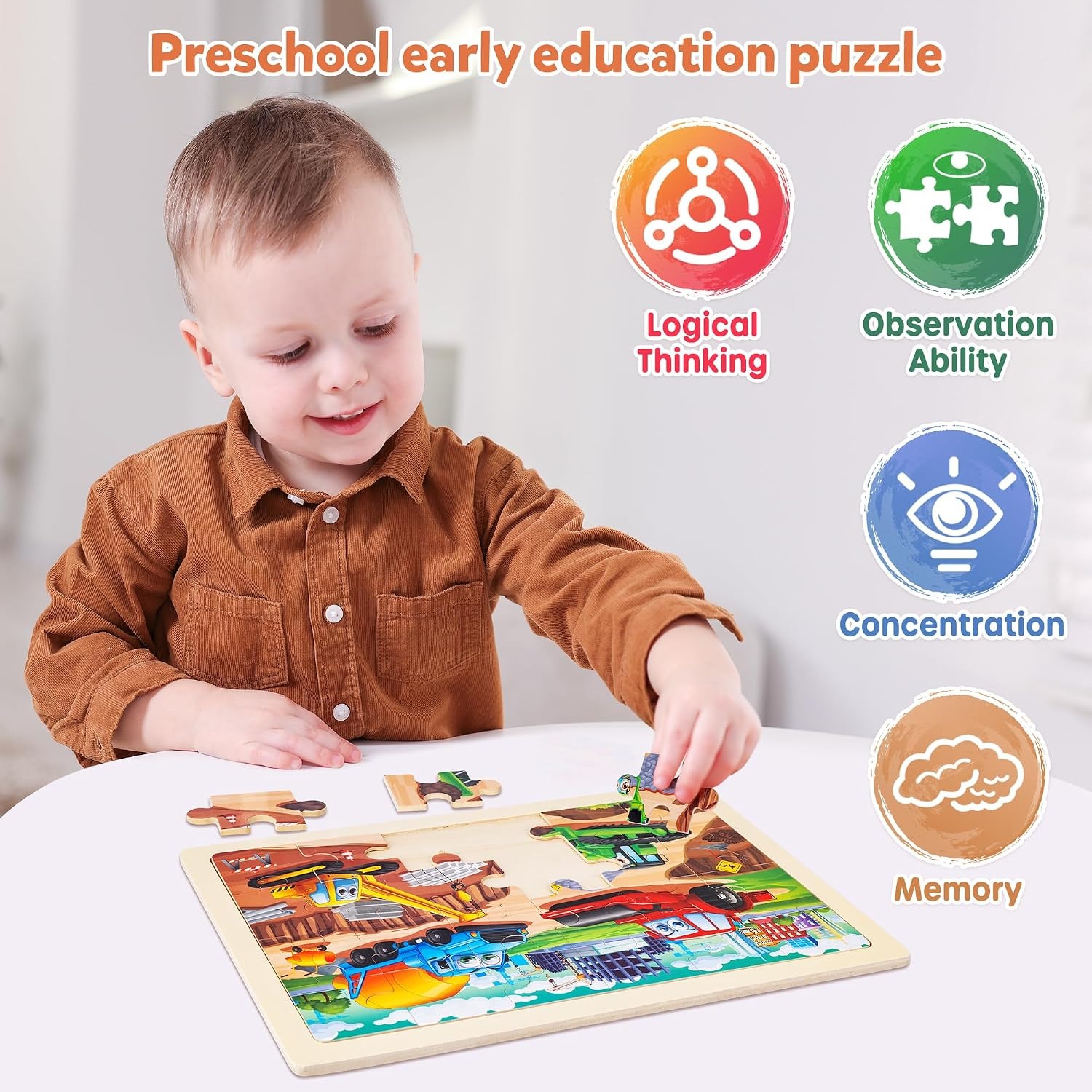Wooden Construction Vehicle Puzzles, 4 Pack Set of 24-Piece Jigsaws