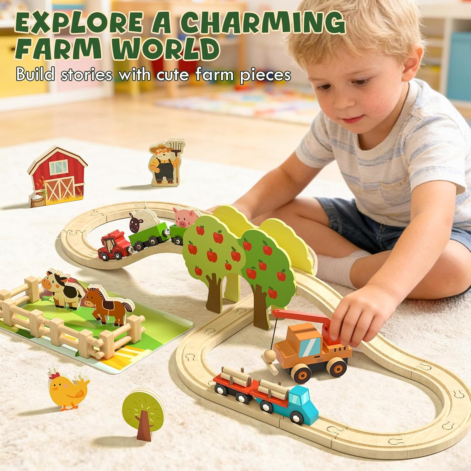 Wooden Farm Train Set (47 Pieces)
